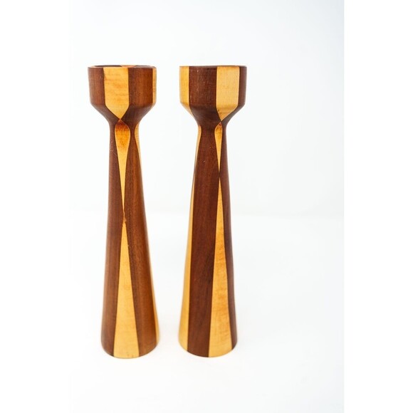 Set of 2 Vintage MCM two-tone wood Candlesticks pair 9.25" Mid-century Danish - Picture 4 of 6